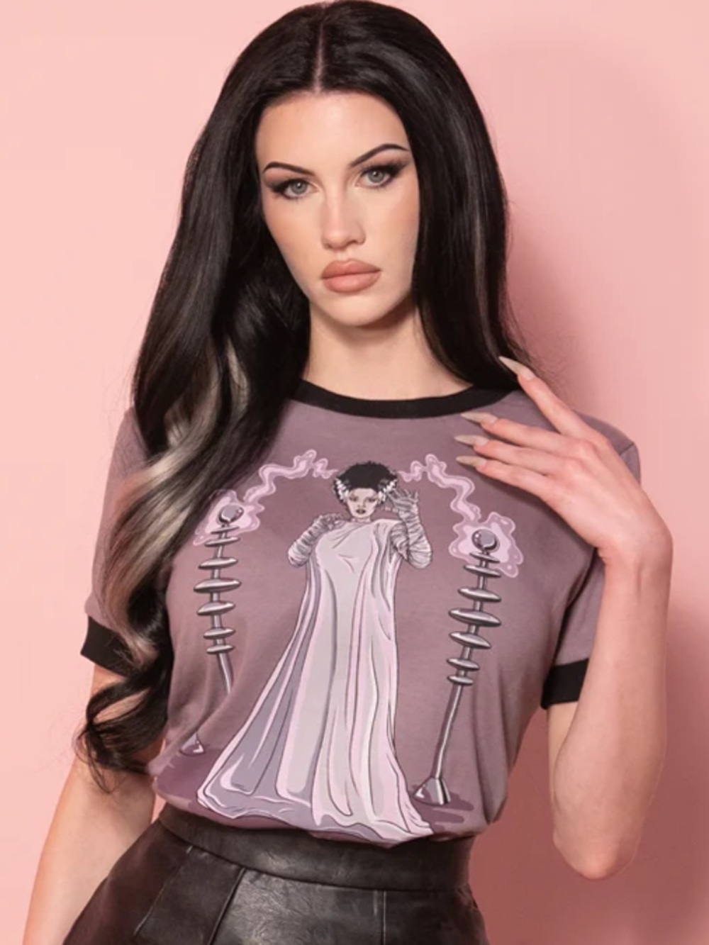 Vixen by Micheline Pitt Dusty Mauve Graphic Ringer Tee with Black Trim